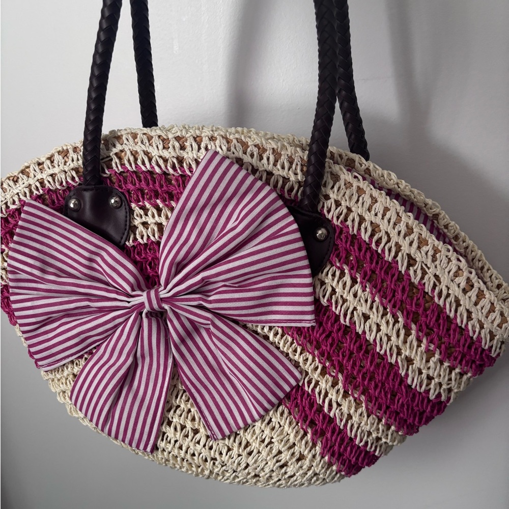 Striped Bow Accent Woven Tote Bag
